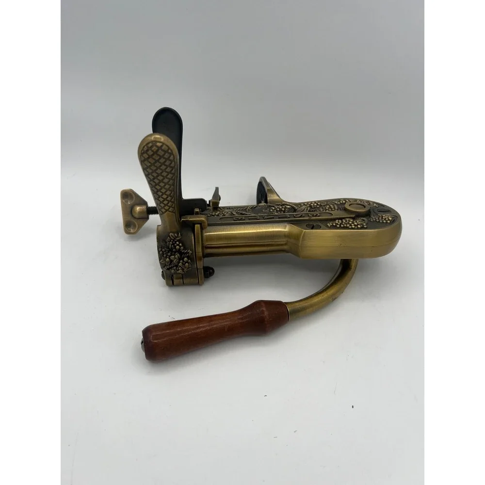 VTG Estate Brass Lever Wine Bottle Corkscrew Wood Handle Table Mount Wine Opener